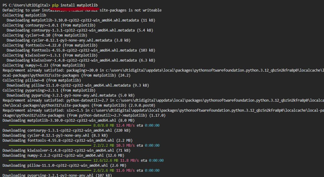 Comando pip install matplotlib no terminal 